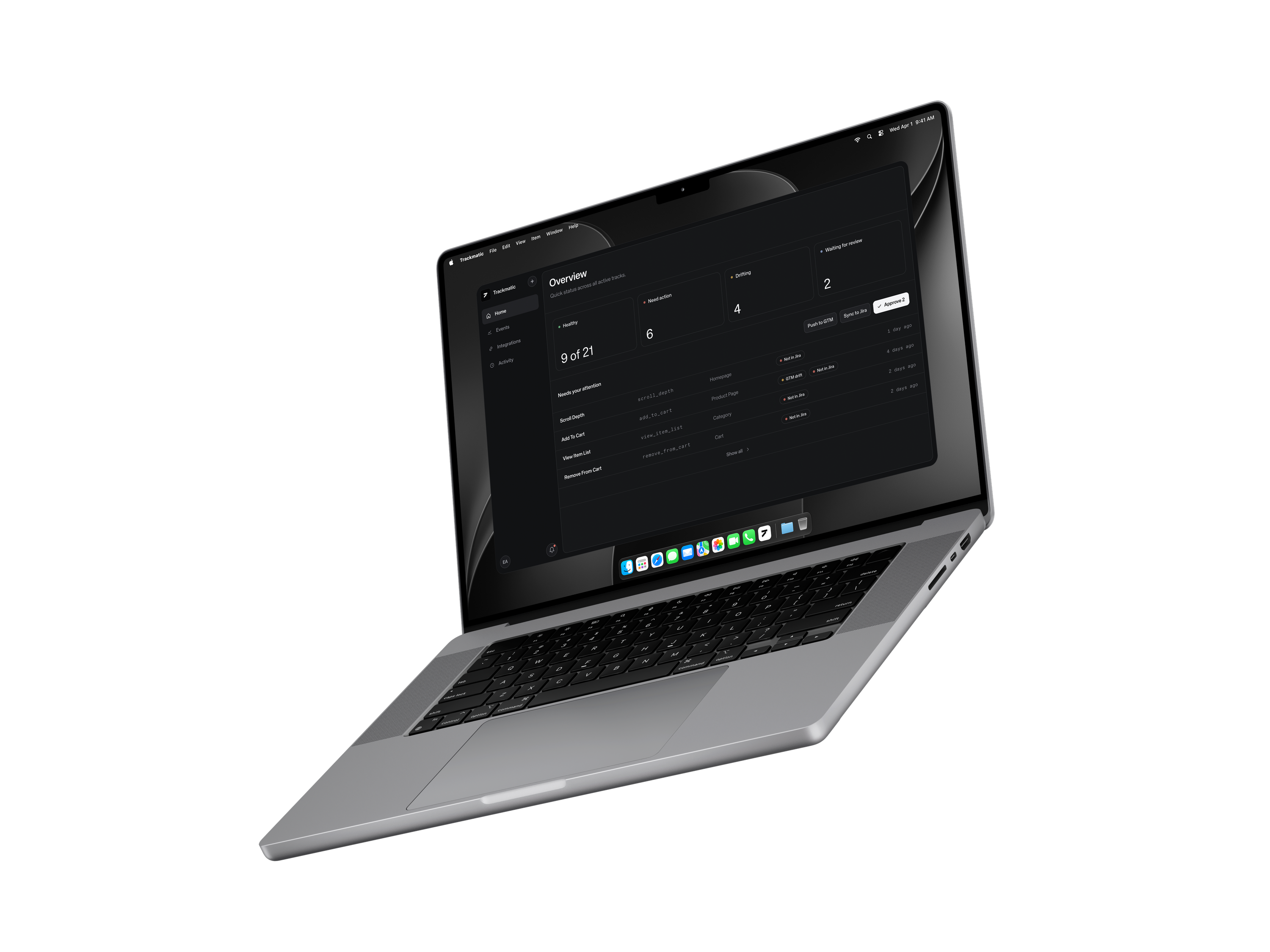 Trackmatic workspace displayed on a MacBook Pro